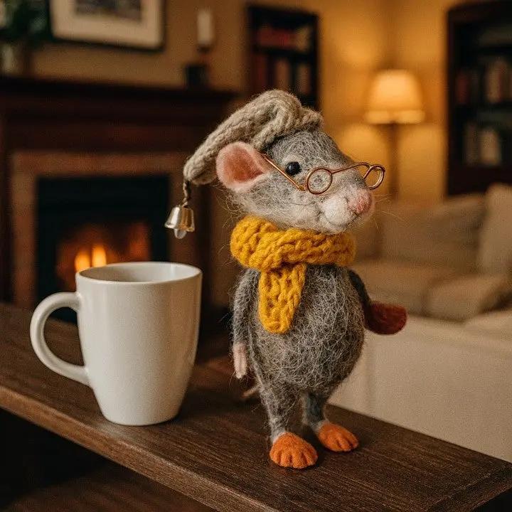 Stuffed mouse toy with glasses and a yellow scarf next to a white mug on a wooden surface.