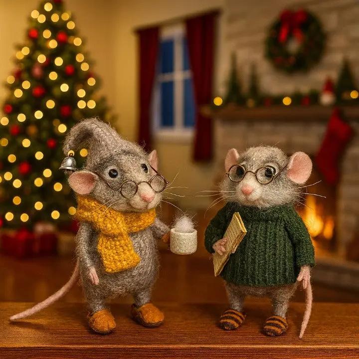 Two toy mice in festive attire with a Christmas tree and fireplace in the background