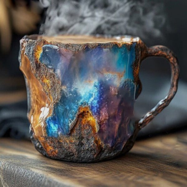 Ceramic mug with a unique, multicolored glaze on a wooden surface.