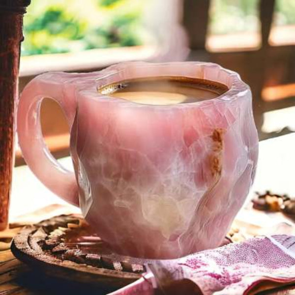Pink marbled mug with a drink on a wooden surface