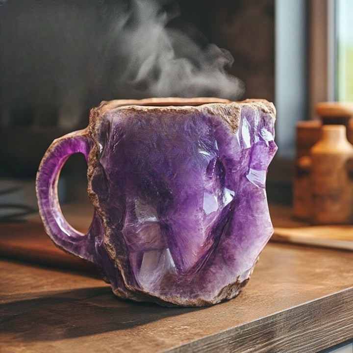 Purple crystal mug with steam on a wooden surface