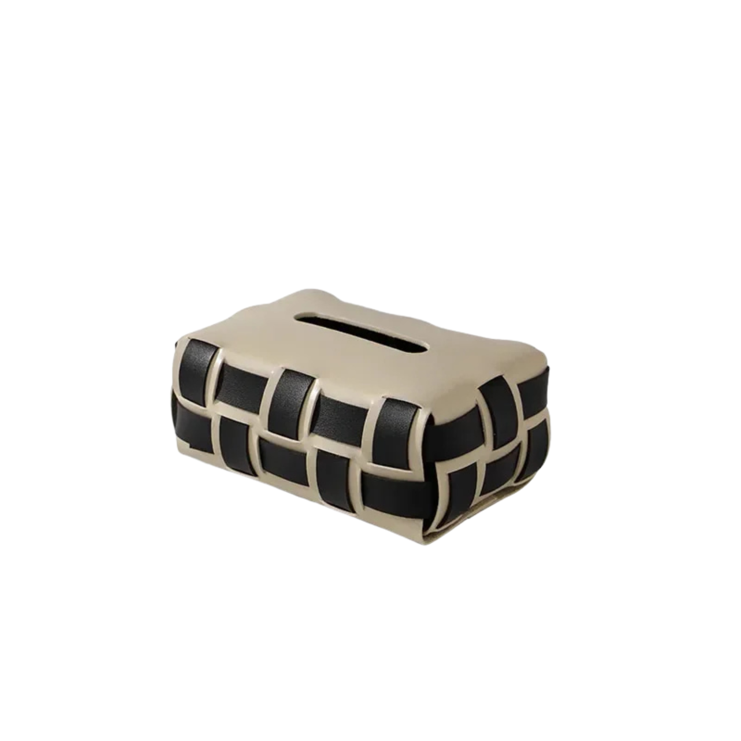 Rectangular tissue box cover with woven pattern on a white background