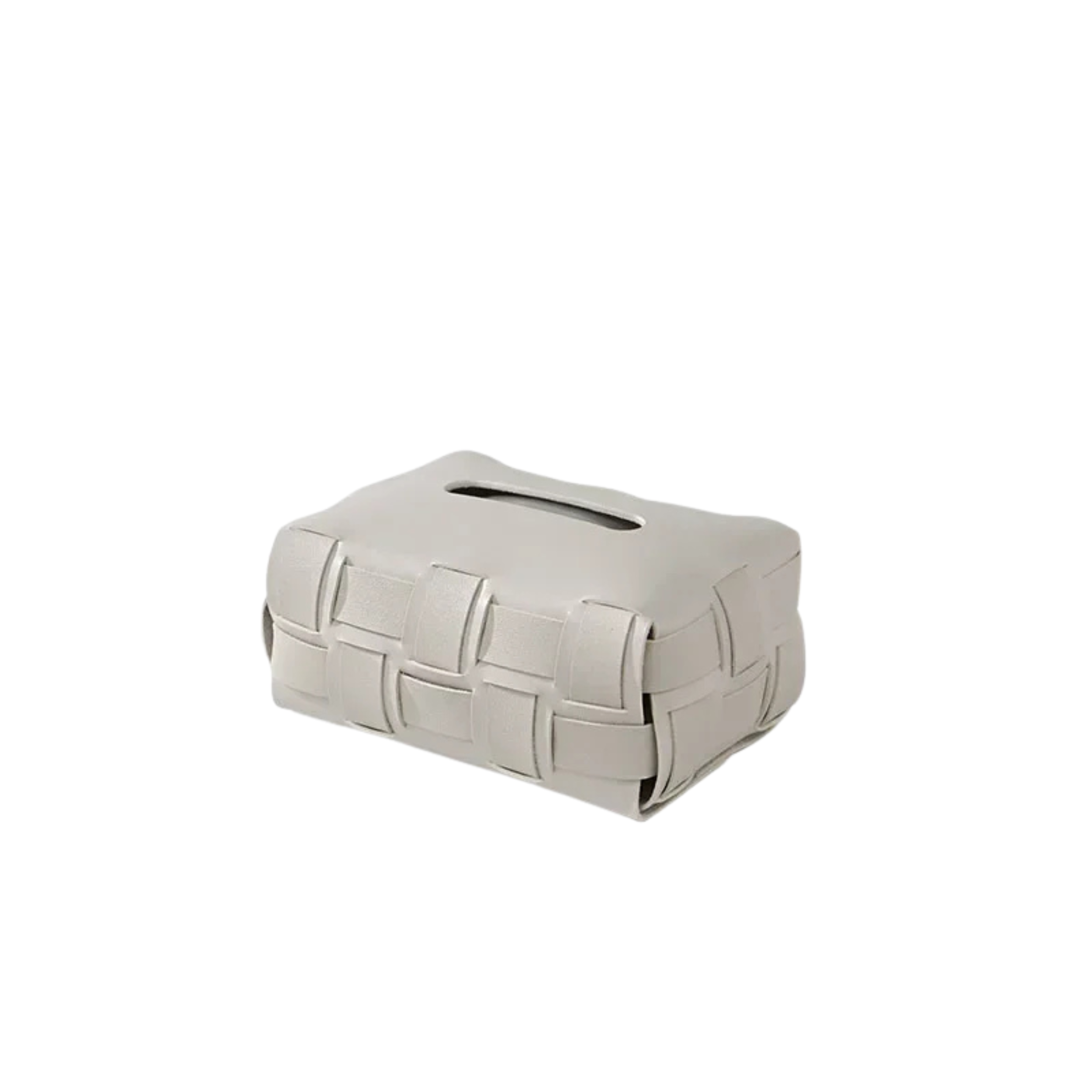 Rectangular tissue box cover with woven pattern on a white background