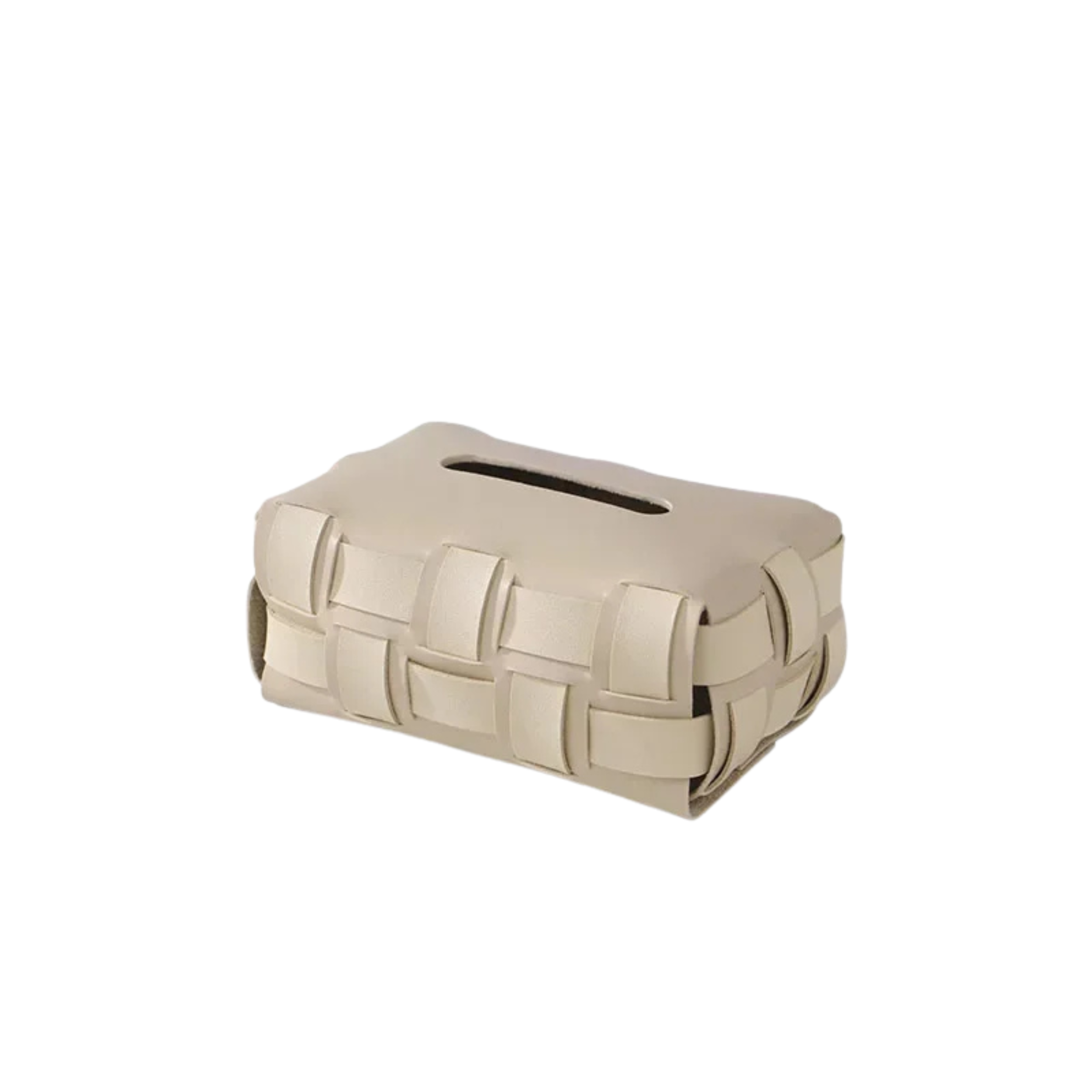 Beige woven tissue box cover on a white background