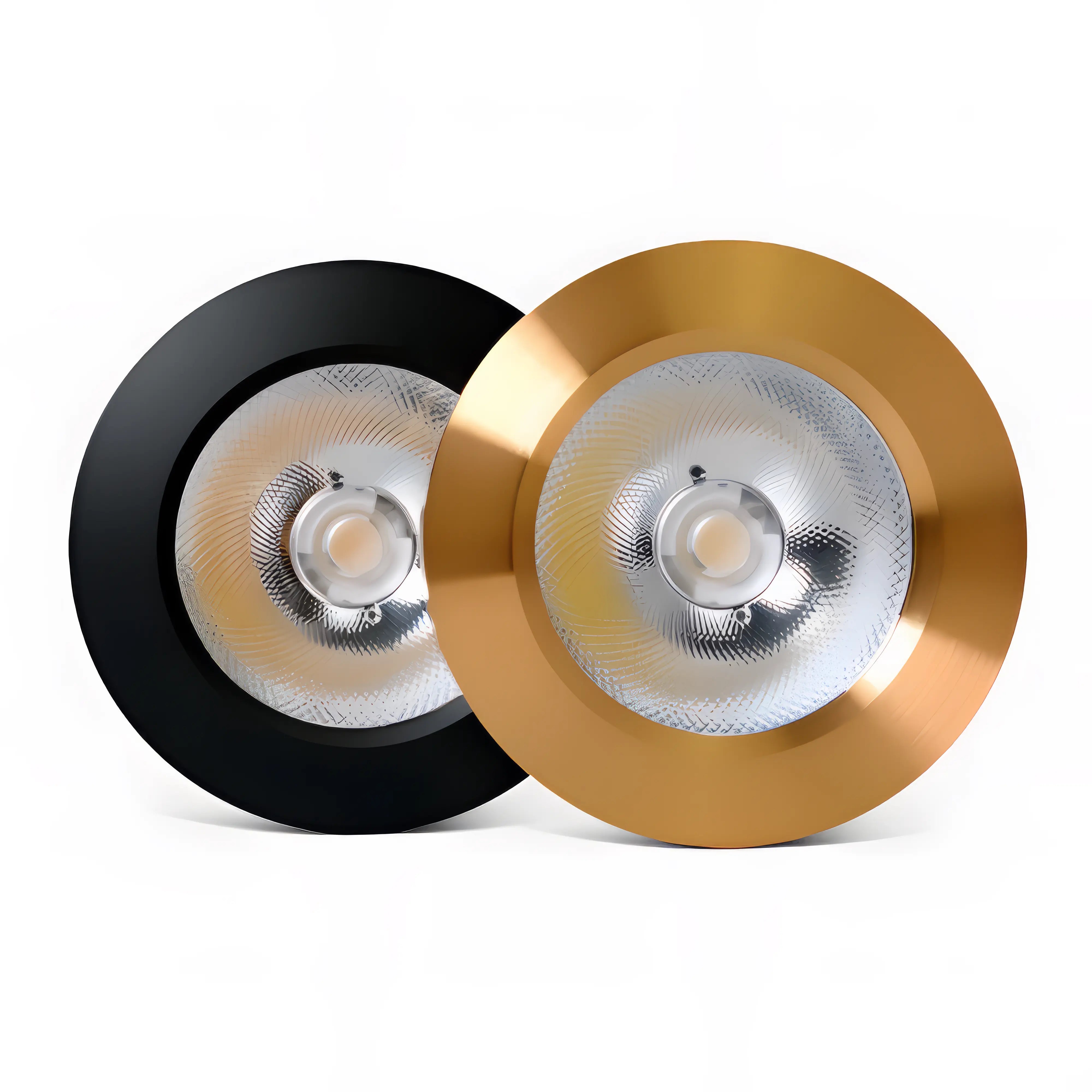 Two round light fixtures, one black and one gold, on a white background.