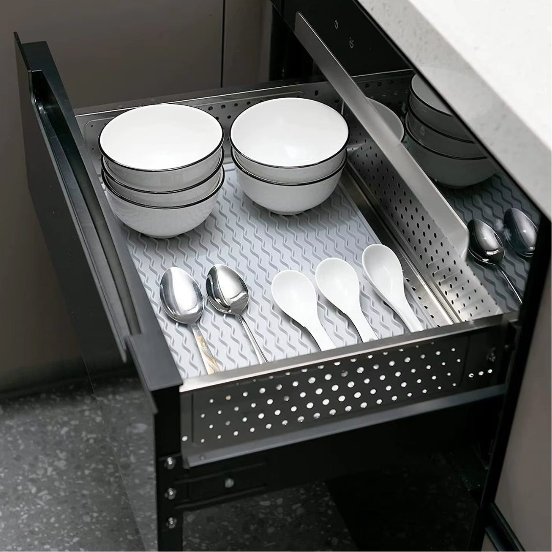 Heat-Resistant Silicone Kitchen Mat – Non-Slip Dish Drying Mat and Drawer Insert – BPA Free, 40x30 cm, Grey/Blue/Transparent 8