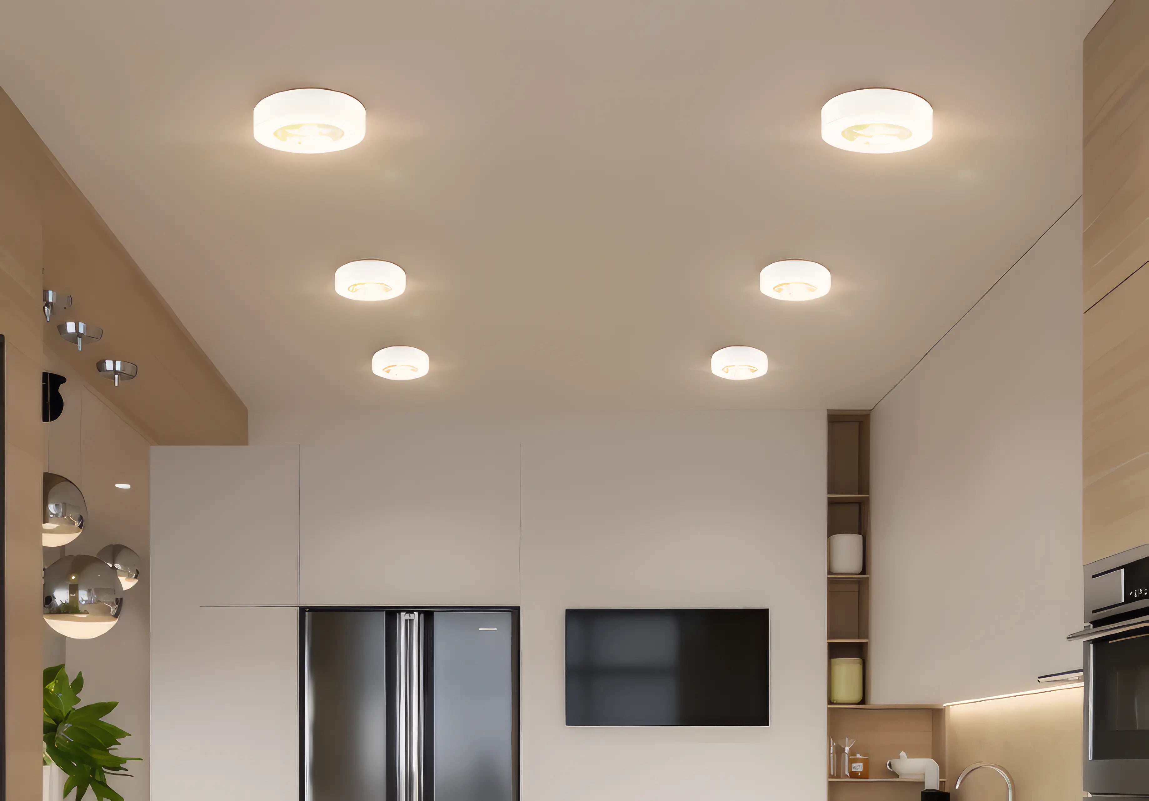 Modern kitchen interior with recessed ceiling lights, refrigerator, and TV.