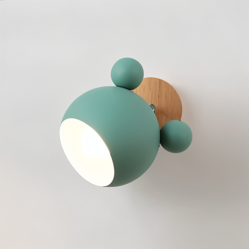 Modern wall light fixture with green and wooden design on a white background