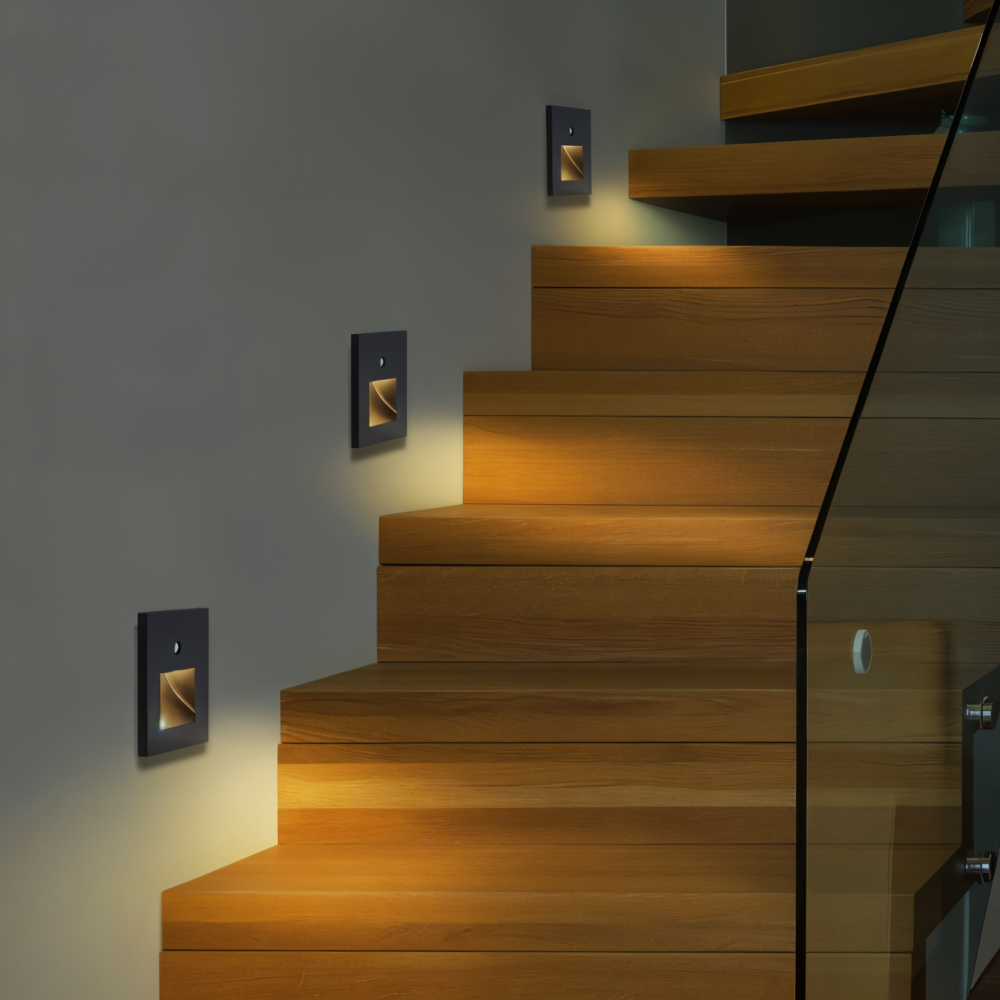 Wooden staircase with wall-mounted lights in a modern interior setting