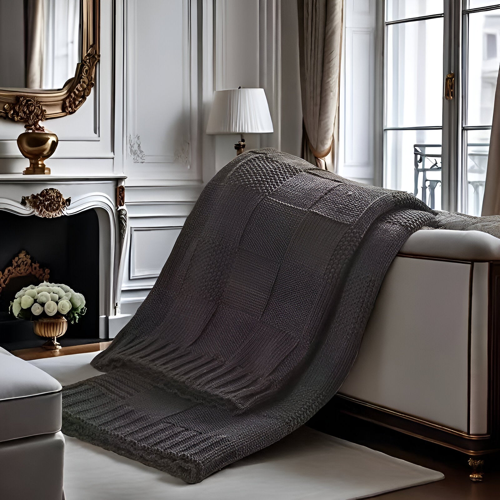 Dark gray knitted blanket draped over a white sofa in a stylish room with a fireplace and decorative elements.