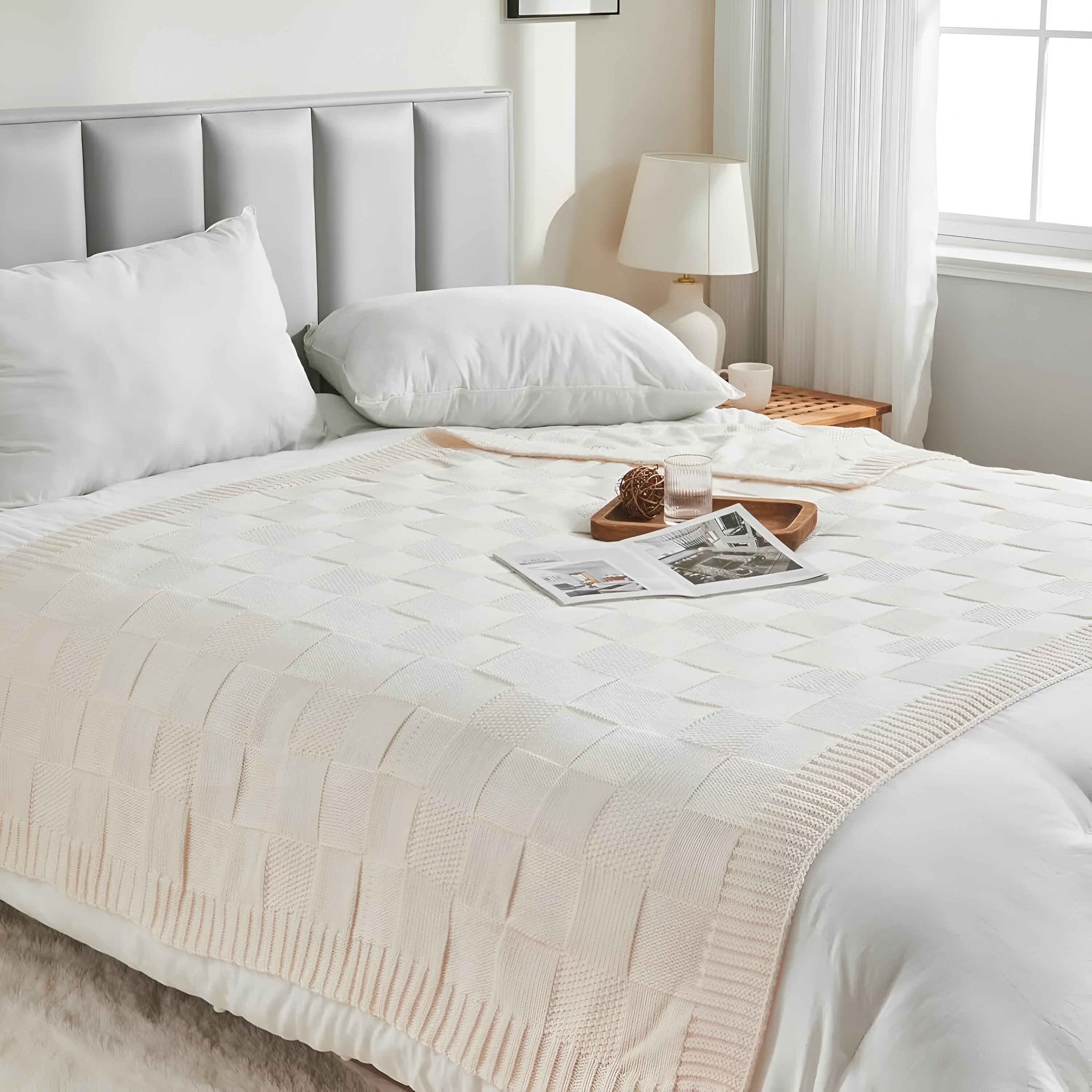 Neatly made bed with white bedding and a beige throw blanket in a bright bedroom.