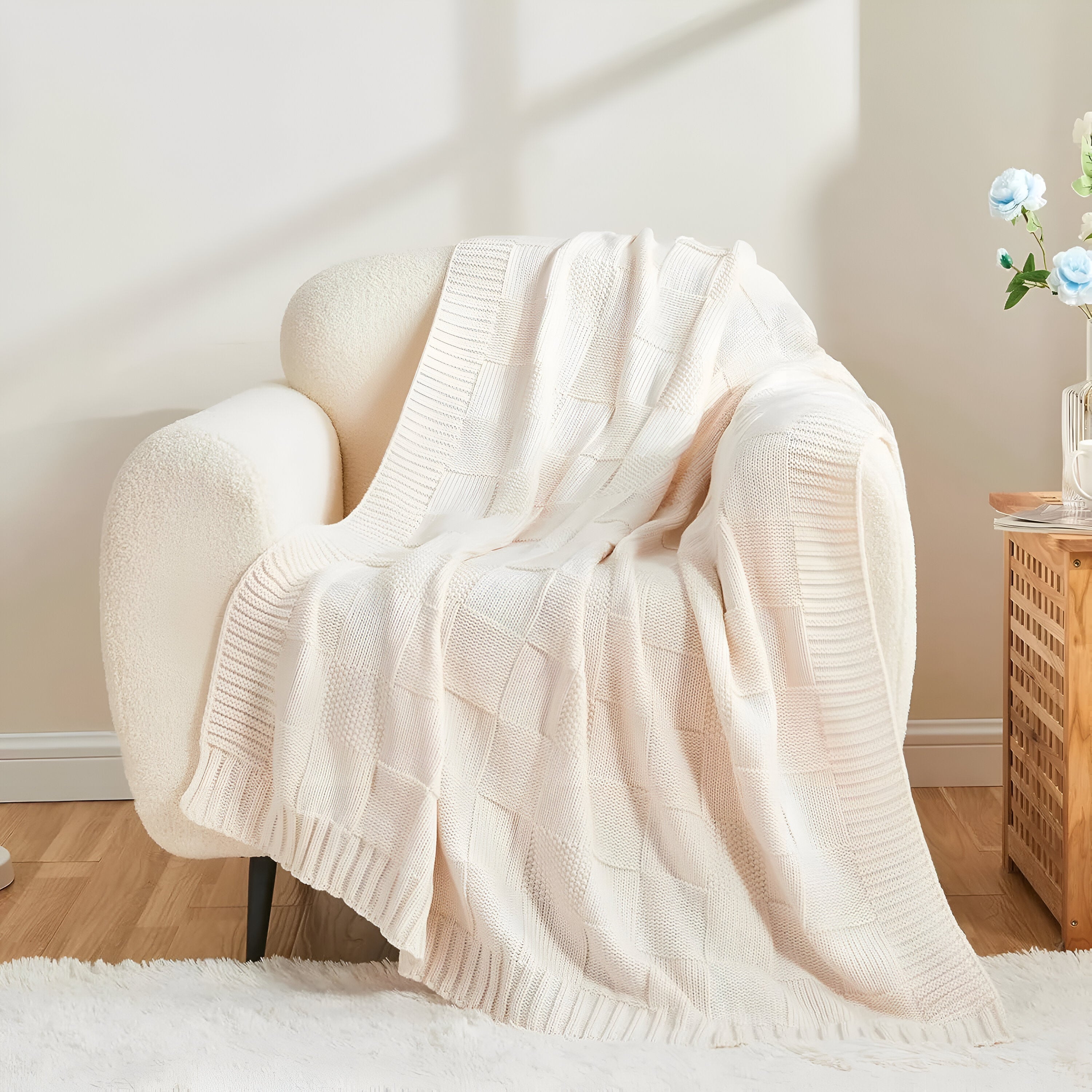 Beige knitted blanket draped over a chair in a cozy living room.
