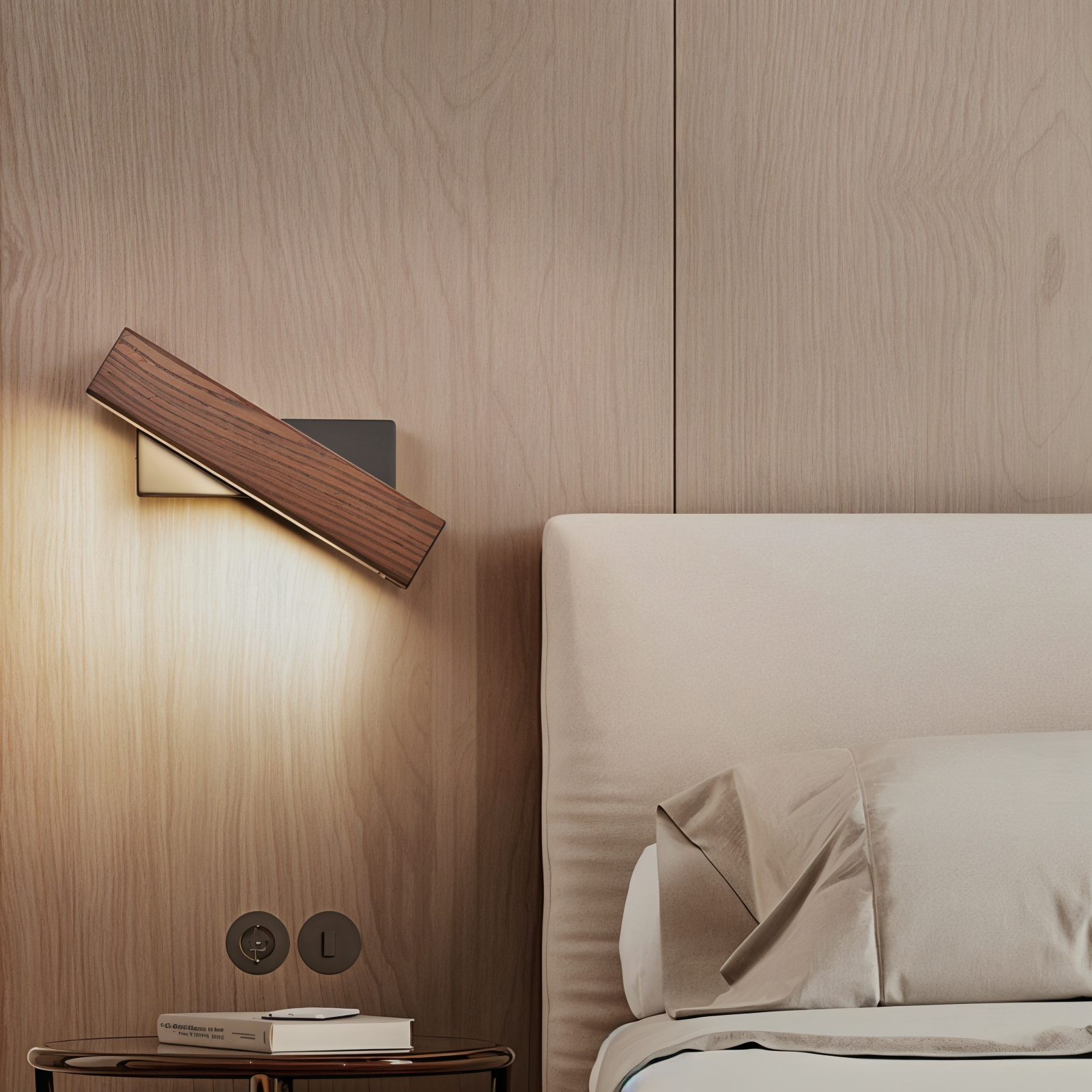 Modern wall sconce on a wooden wall next to a bed with pillows.