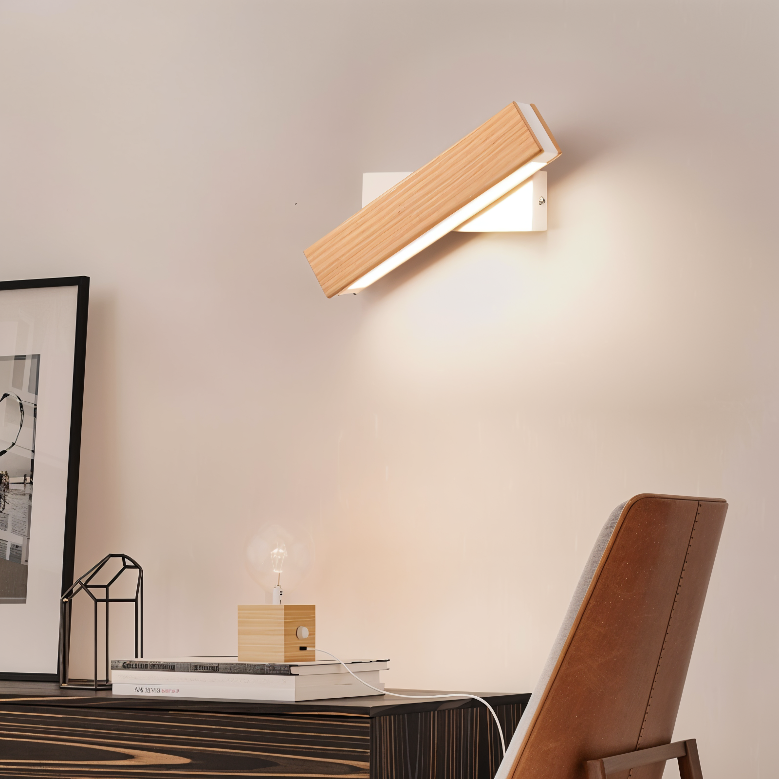 Wooden wall lamp on a beige wall with a desk and chair in the foreground