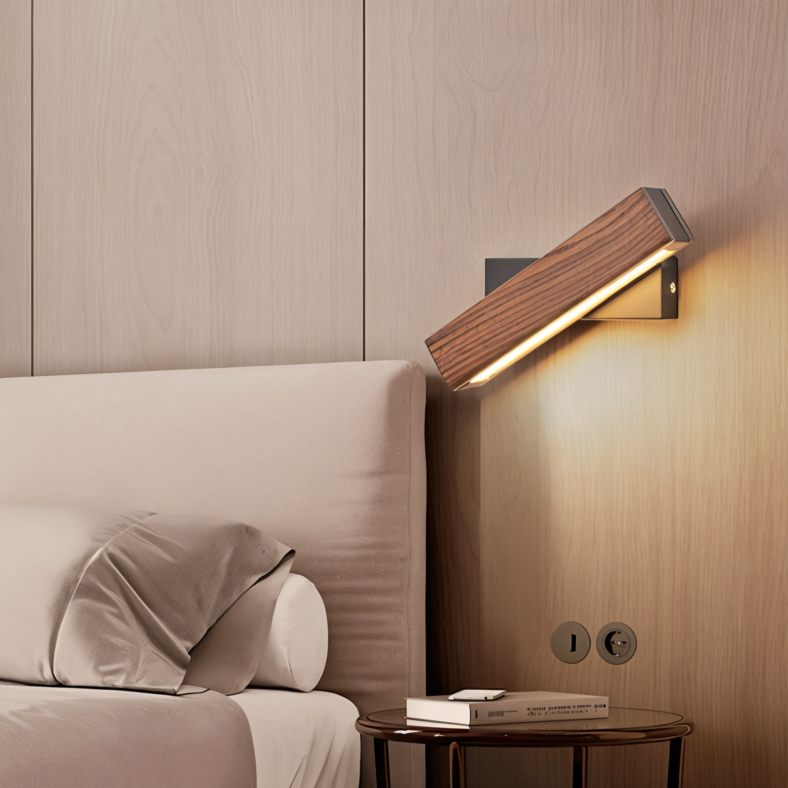 Modern wall lamp on a wooden panel wall above a bed.