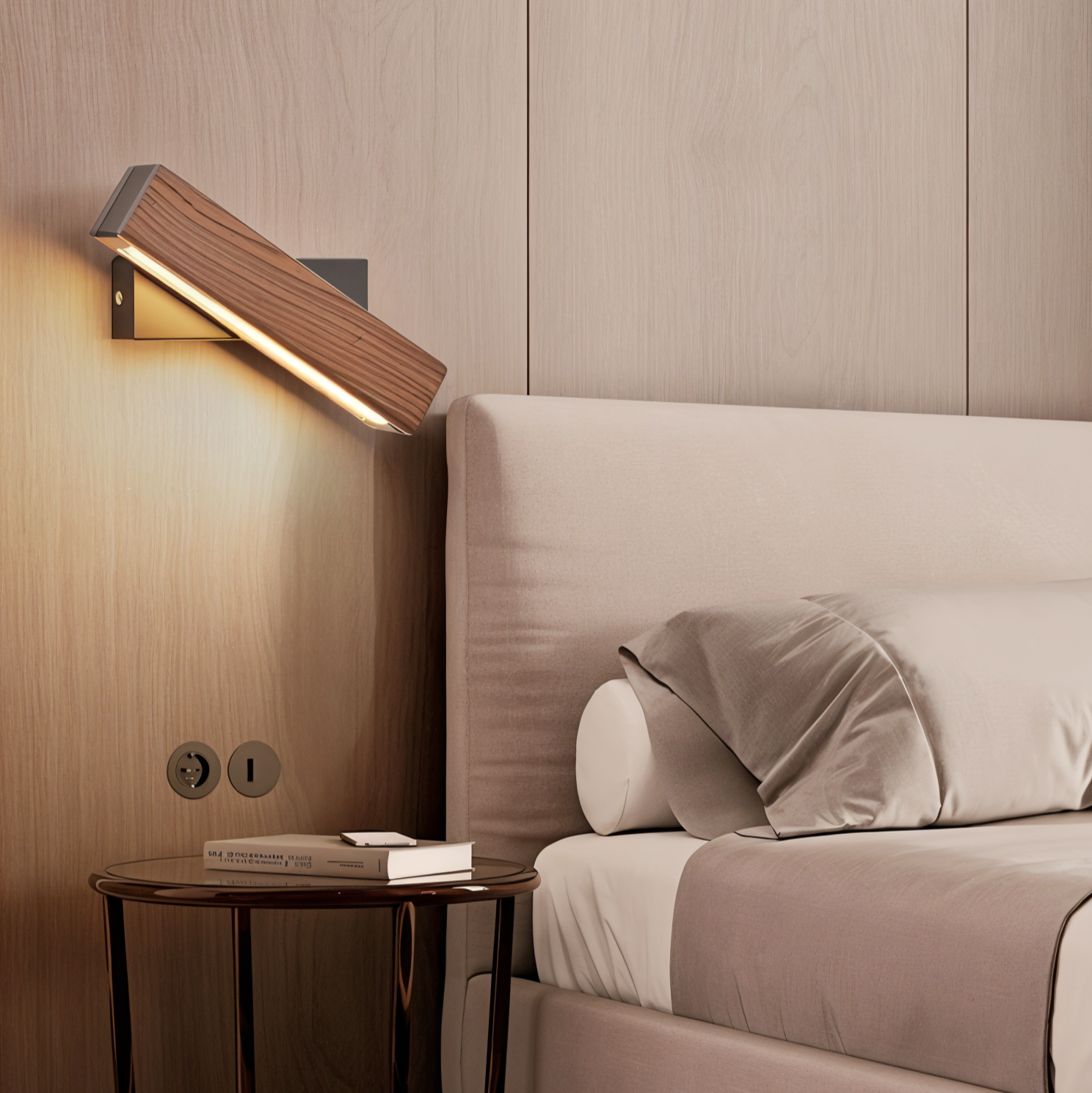 Modern bedroom with a wall-mounted light fixture, bed, and side table.