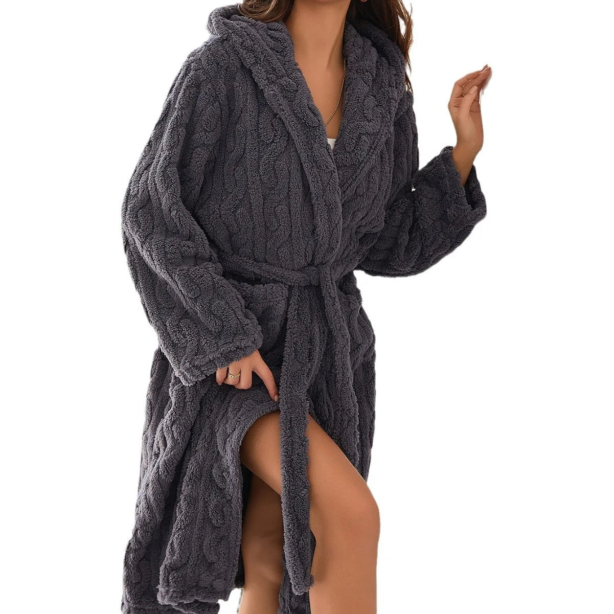 Gray cable-knit robe worn by a model on a white background