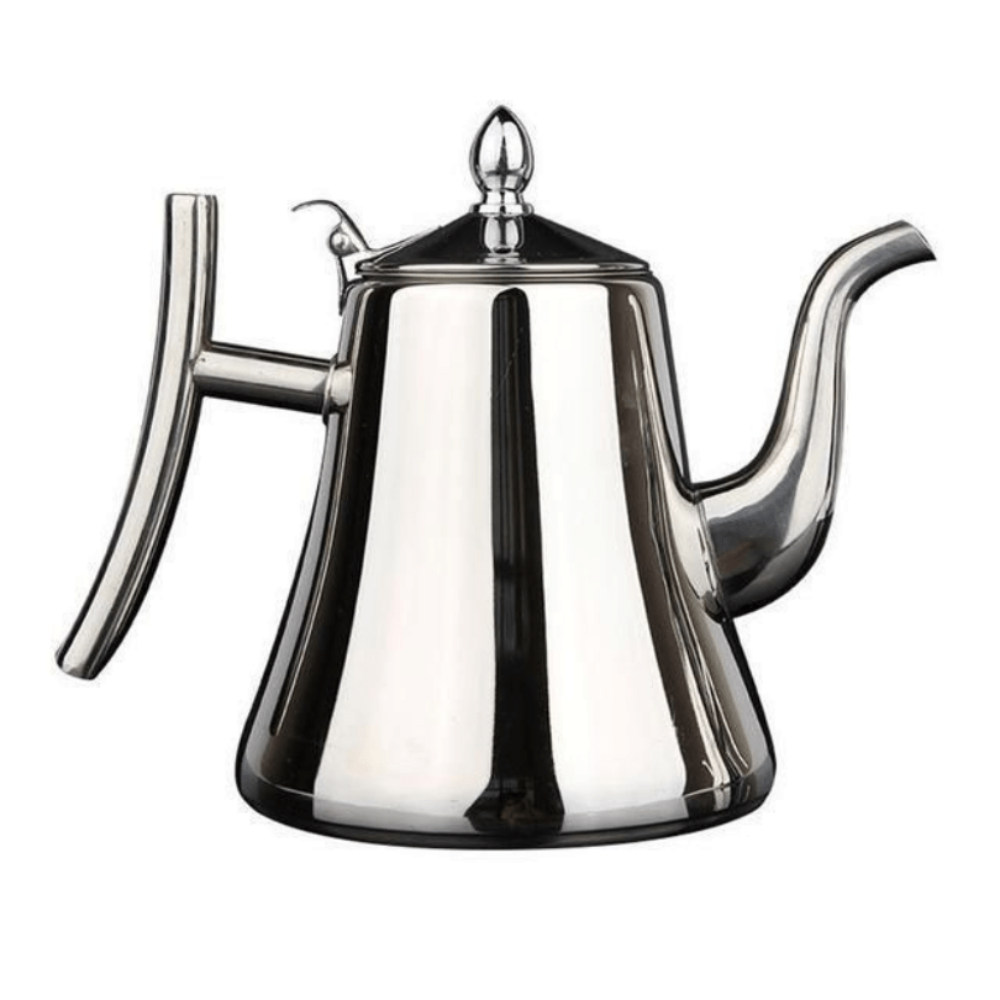Stainless steel teapot on a white background
