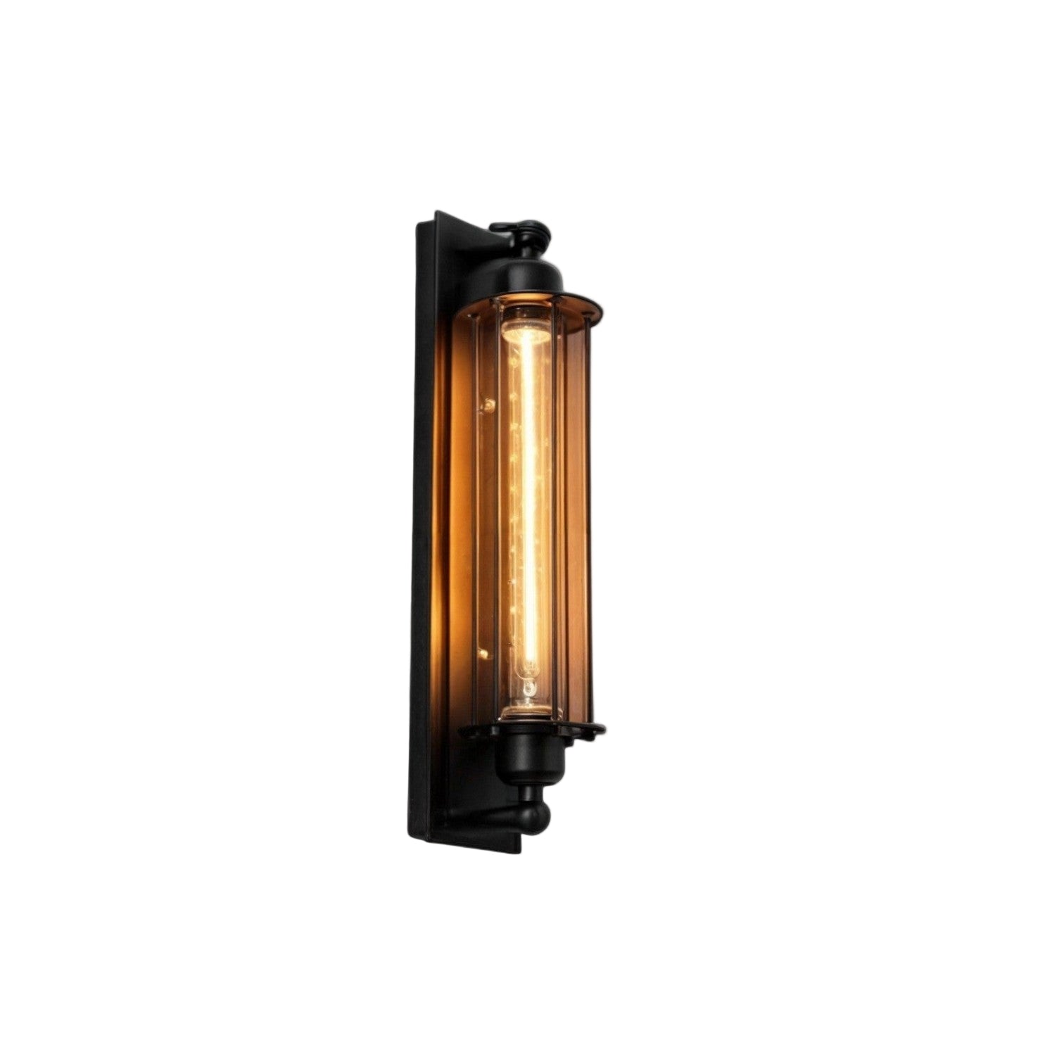 Wall-mounted outdoor light fixture with amber glass on a white background