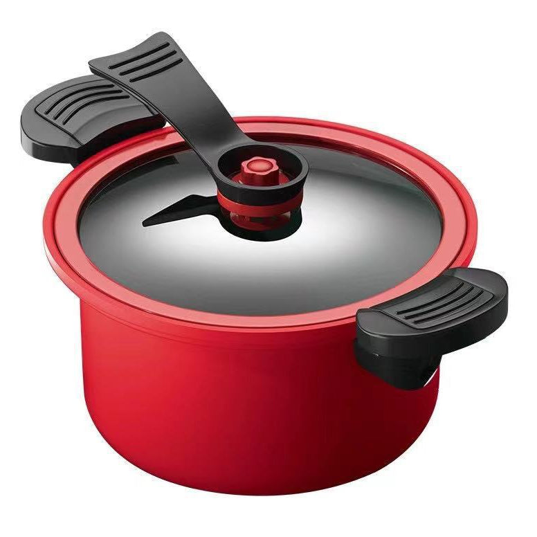 Red pot with a black lid and handles on a white background