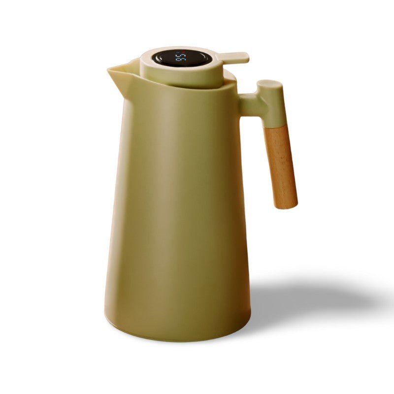 Green thermos with wooden handle on a white background