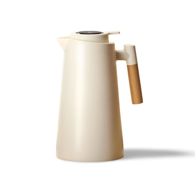 White coffee maker with a wooden handle on a white background