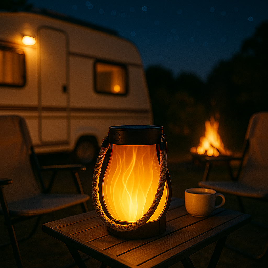 Camping scene with a lantern, cup, and camper van at night.