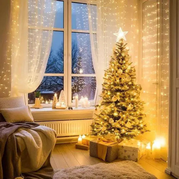 Cozy room with a Christmas tree, lights, and presents near a window with snowy view.