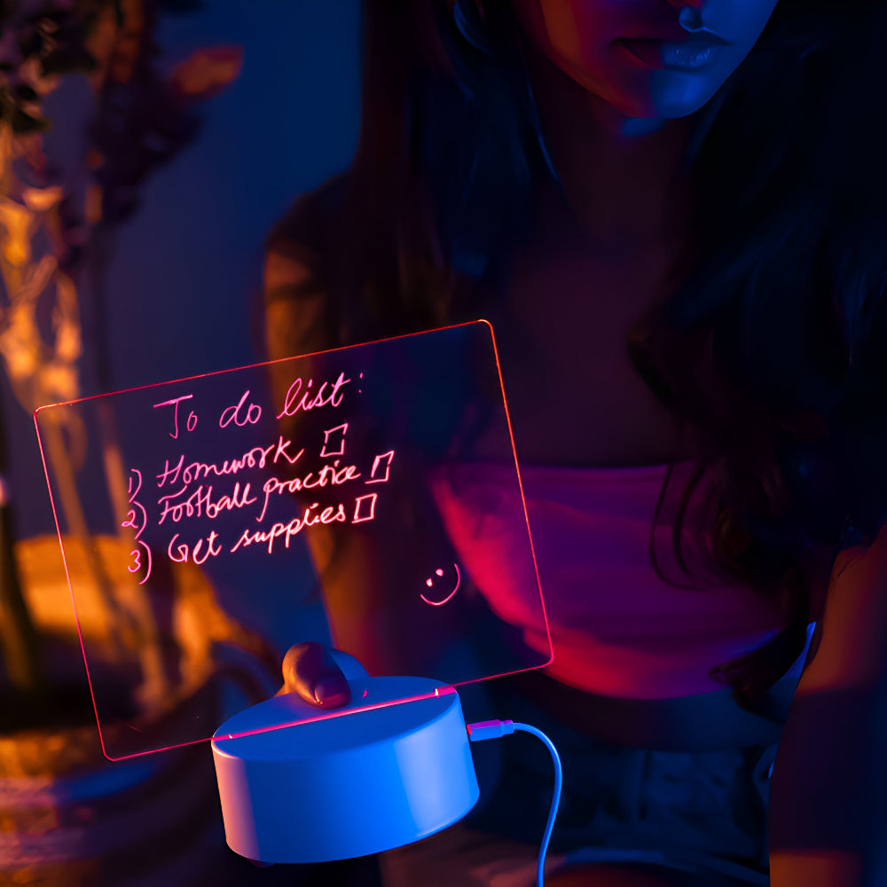 Transparent tablet with a to-do list on a stand, glowing with red text in a dimly lit room.