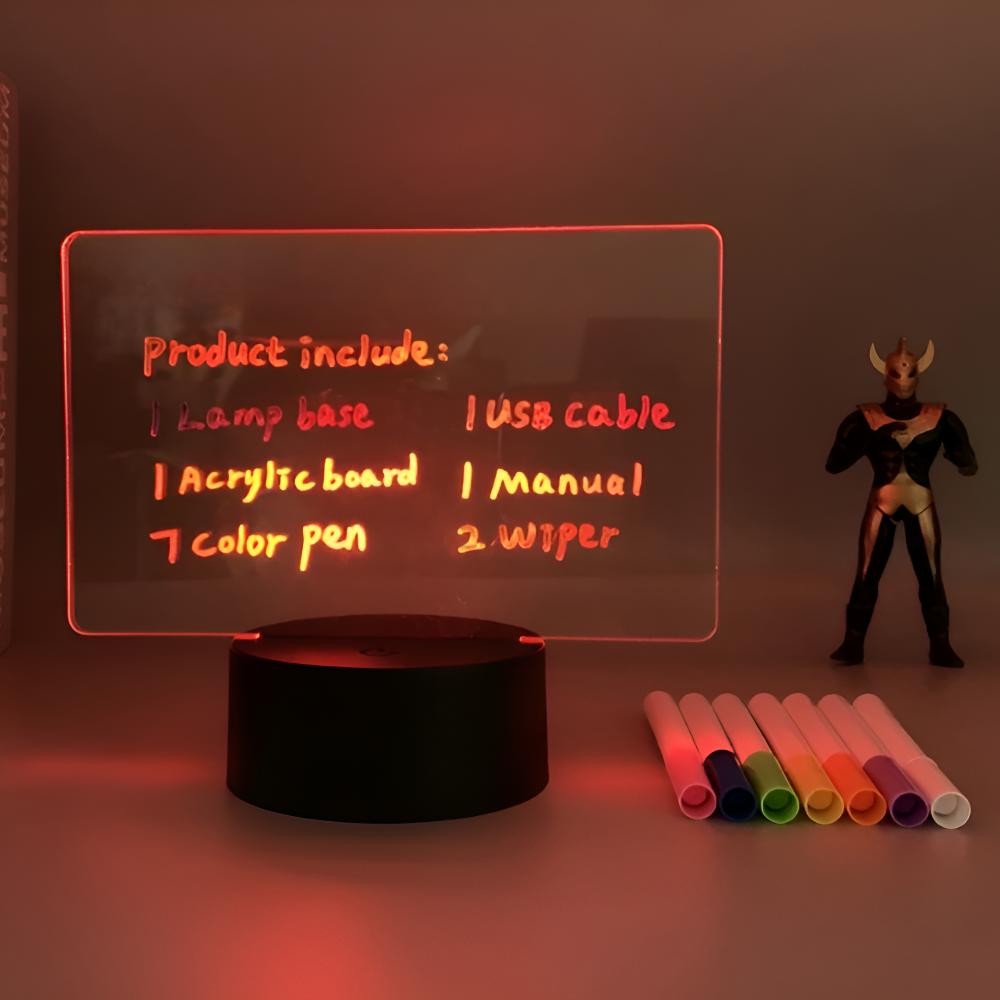 Product list on an acrylic board with a lamp base, USB cable, and color pens on a dark background.