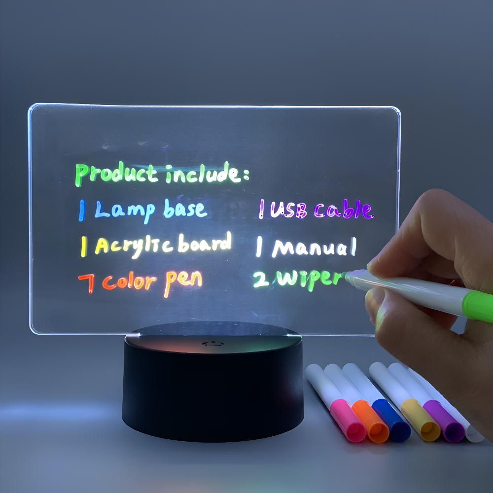 Transparent electronic board with colorful text and a hand holding a pen, with markers on a dark background.