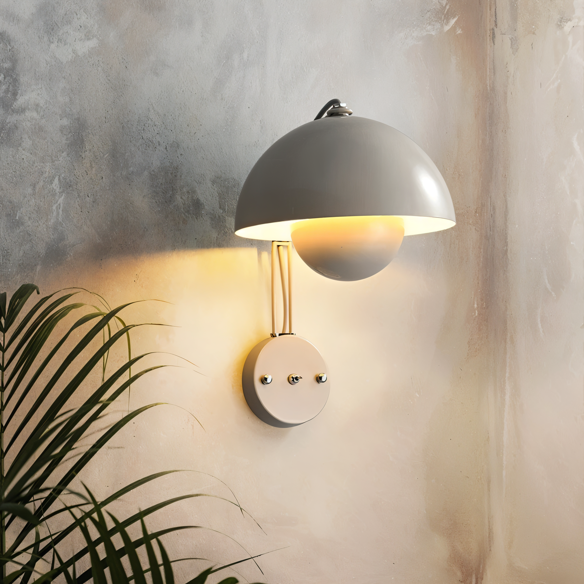 Wall-mounted lamp with a gray dome shade on a textured wall.