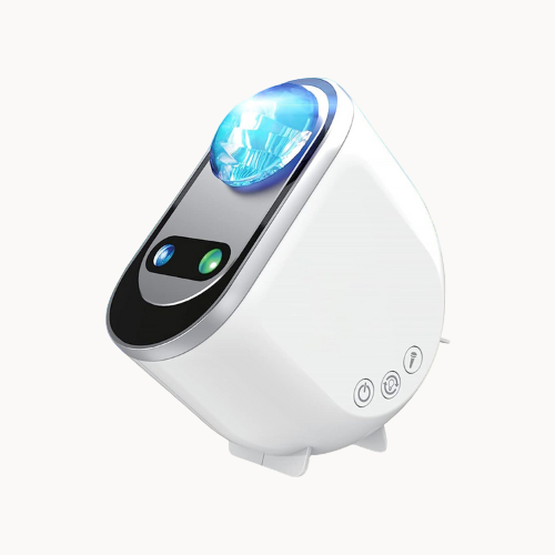 White electronic device with blue light on a beige background