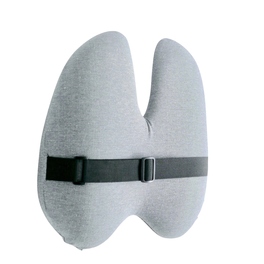 Gray neck pillow with a black strap on a white background