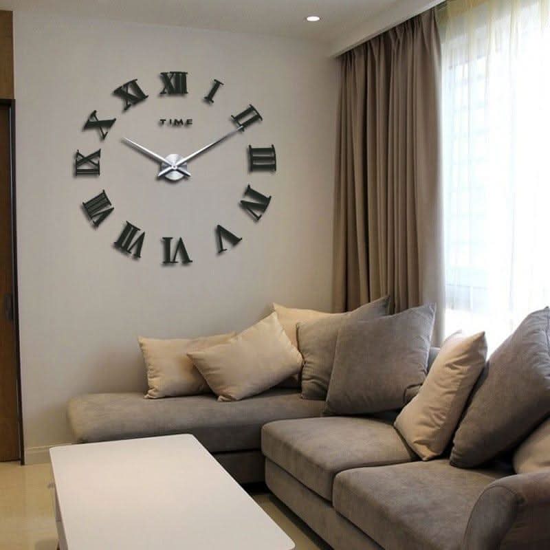 Living room with a large wall clock and a sofa.