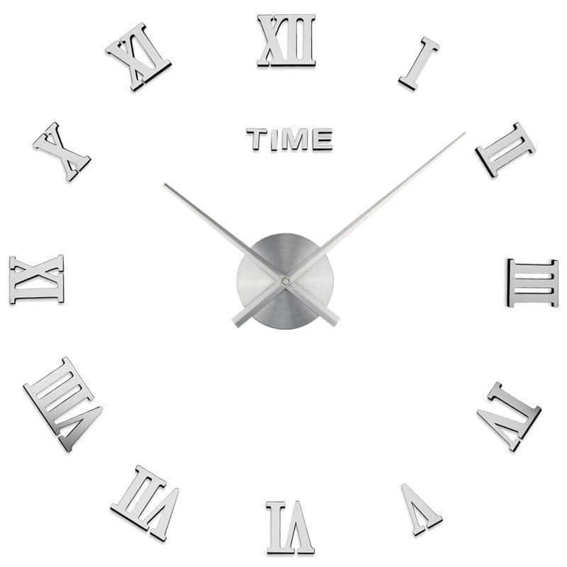 Silver wall clock with Roman numerals on a white background