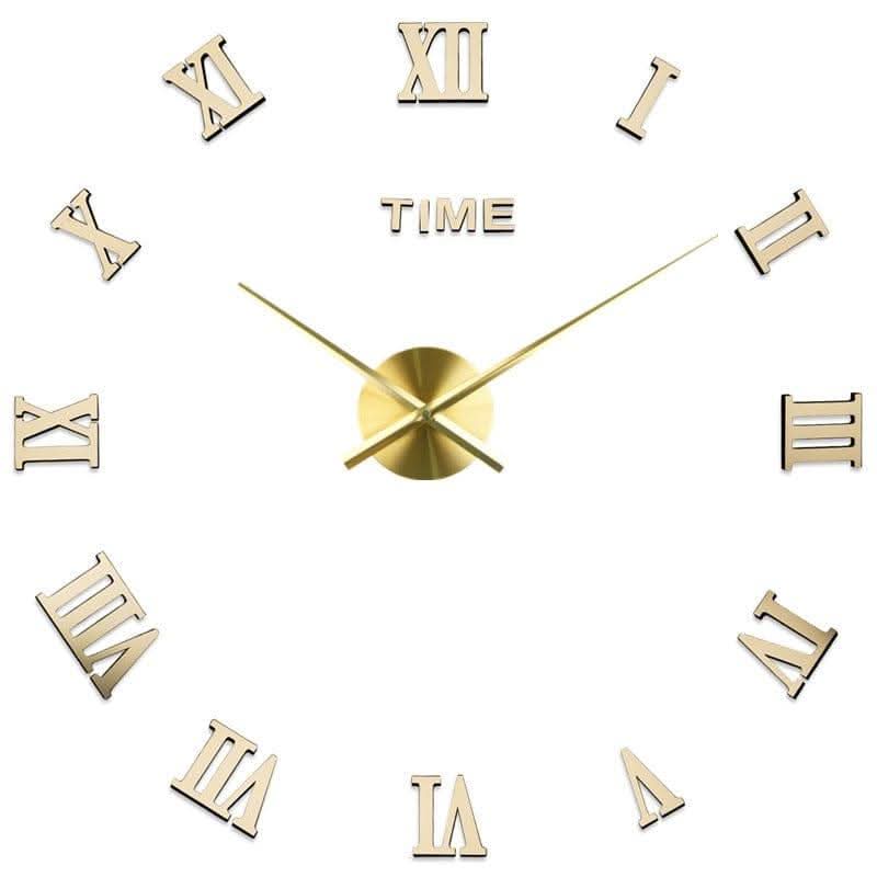 Gold wall clock with Roman numerals on a white background