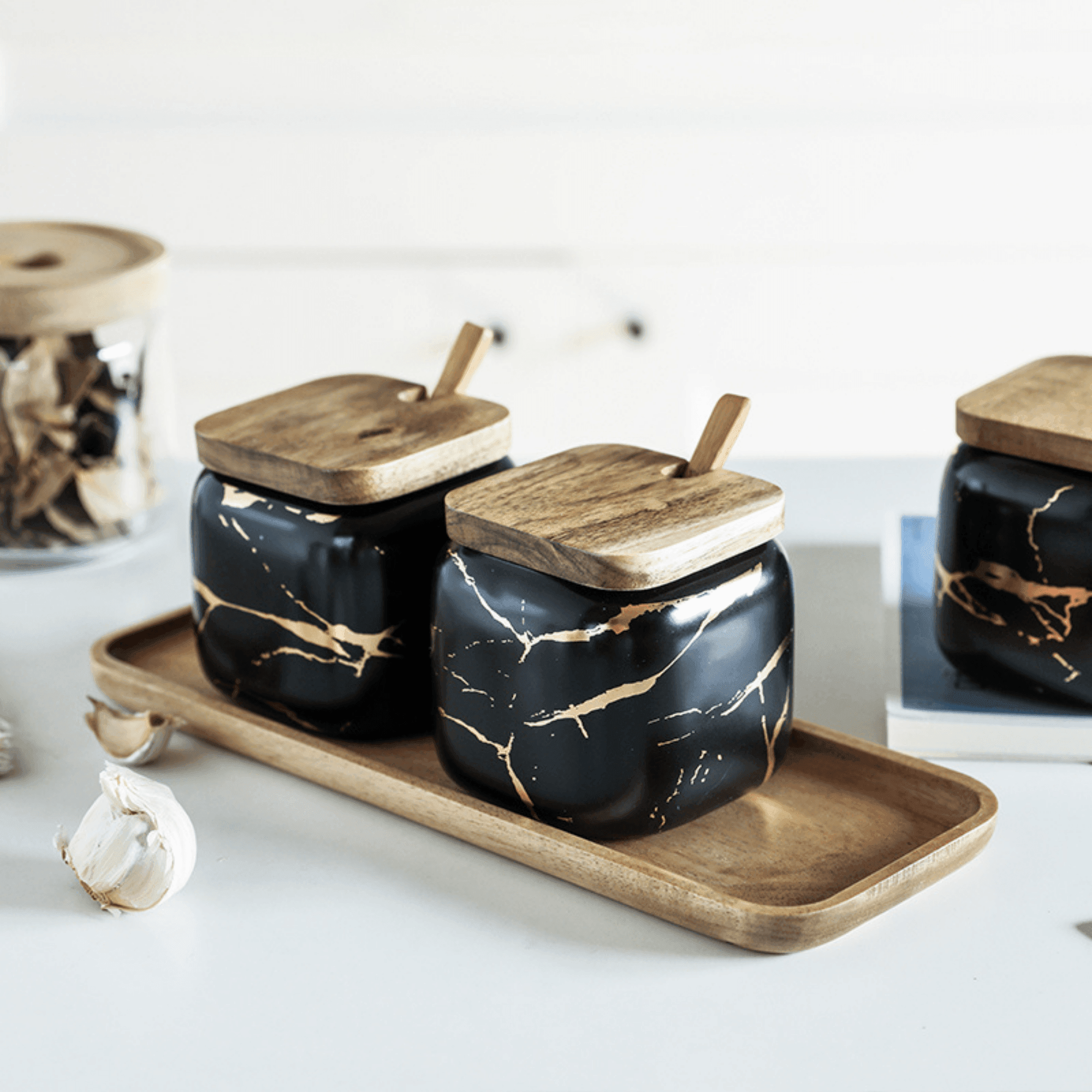 Luxury Porcelain Spice Jars Set with Wooden Tray - Modern Marble Design, Airtight Spice Containers for Kitchen Organization 3