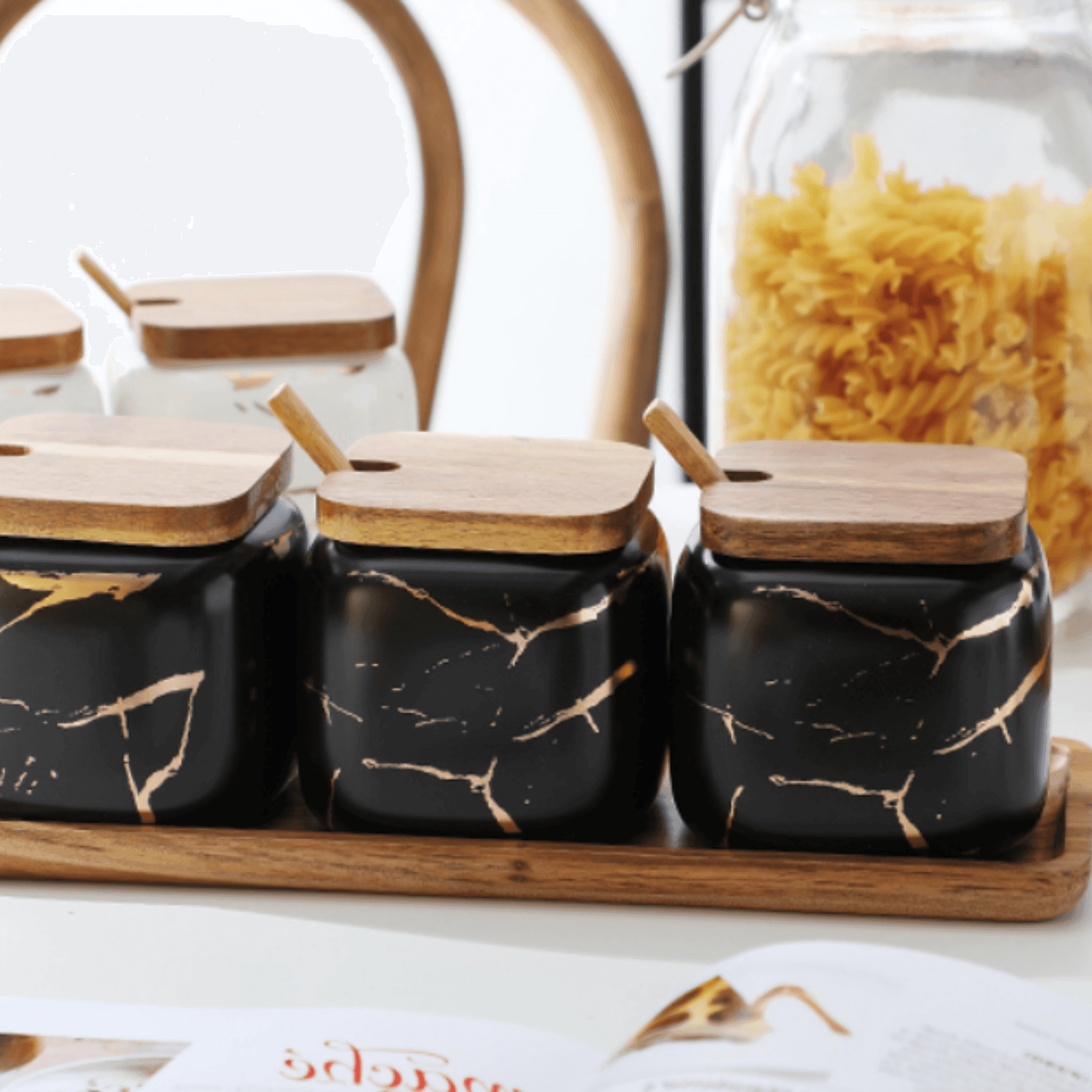 Luxury Porcelain Spice Jars Set with Wooden Tray - Modern Marble Design, Airtight Spice Containers for Kitchen Organization 4