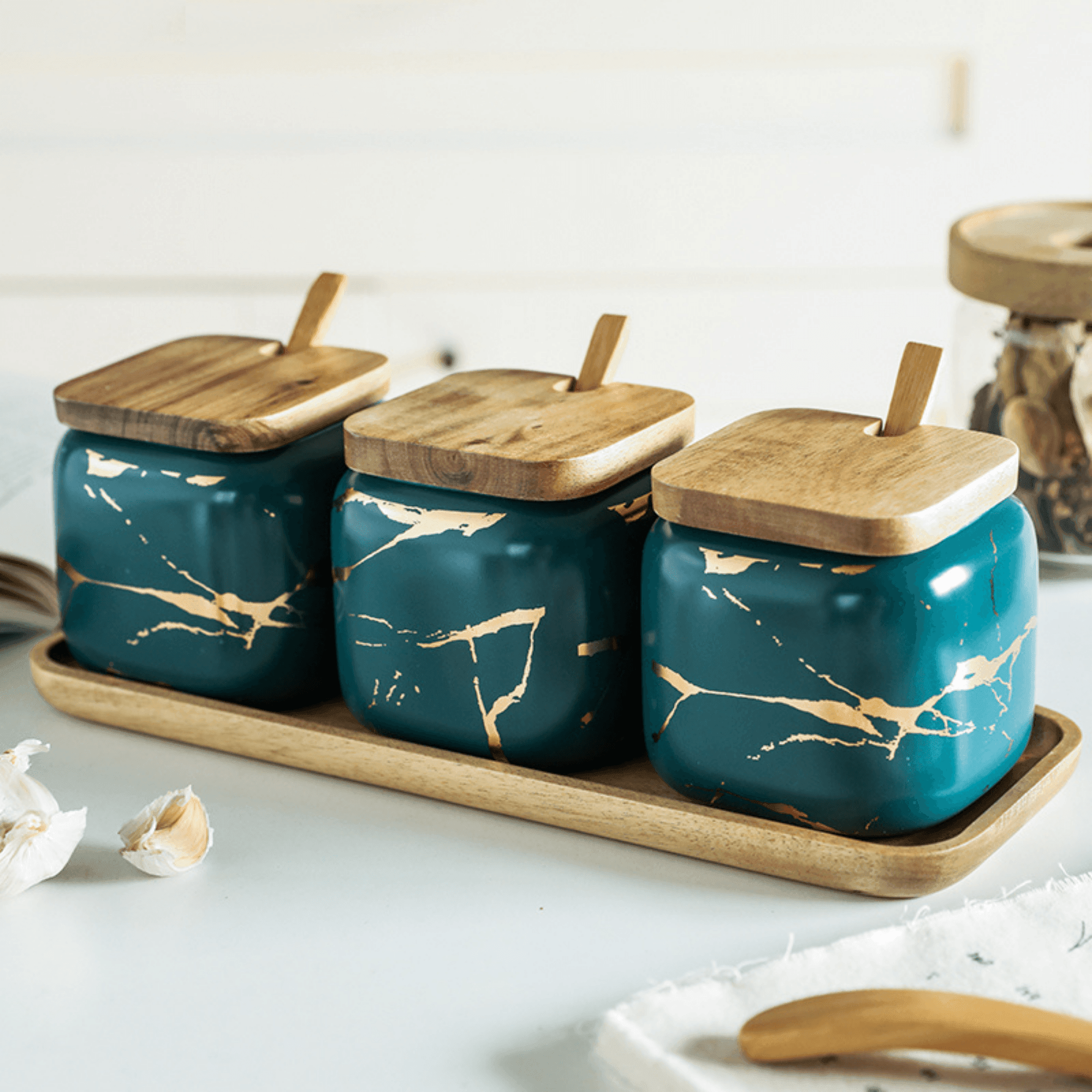 Luxury Porcelain Spice Jars Set with Wooden Tray - Modern Marble Design, Airtight Spice Containers for Kitchen Organization 5