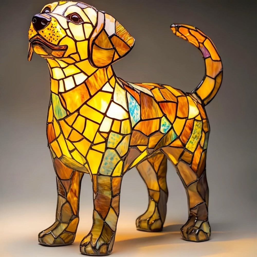 Stained glass dog sculpture on a gray background