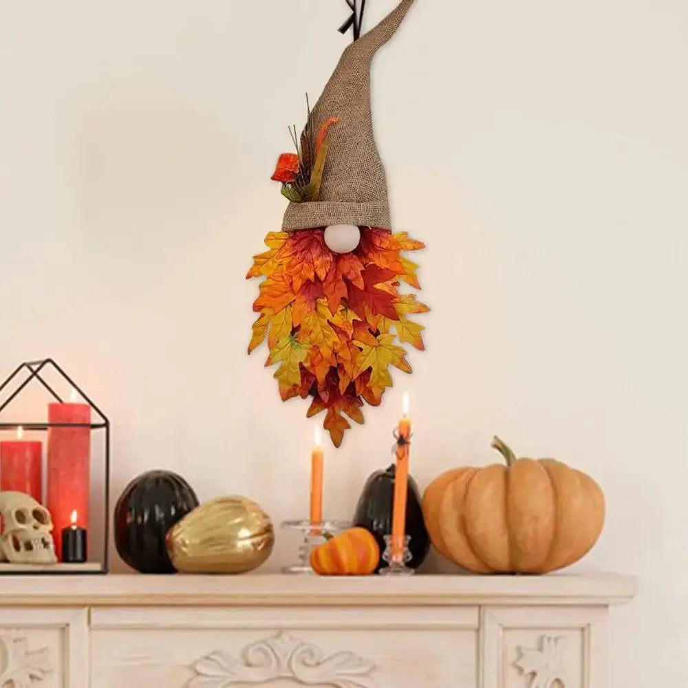 Maple Gnome Door Hanger with Vibrant Autumn Leaves – Whimsical Fall Decor for Seasonal Home Entrance 1