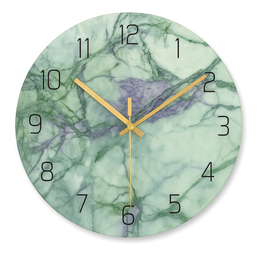 Marble-patterned wall clock with gold hands on a white background