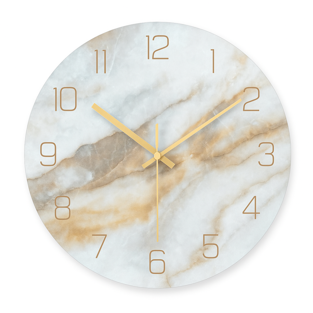 Marble-patterned wall clock with gold hands on a white background