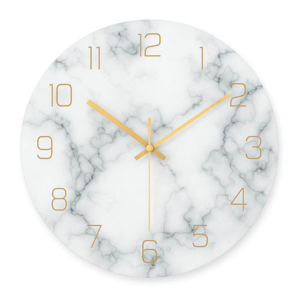 Marble-patterned wall clock with gold hour markers on a white background