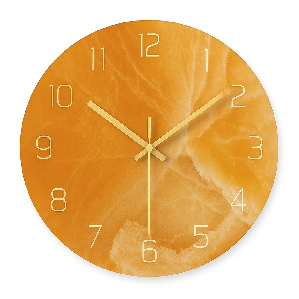 Round wall clock with orange marble design on a white background