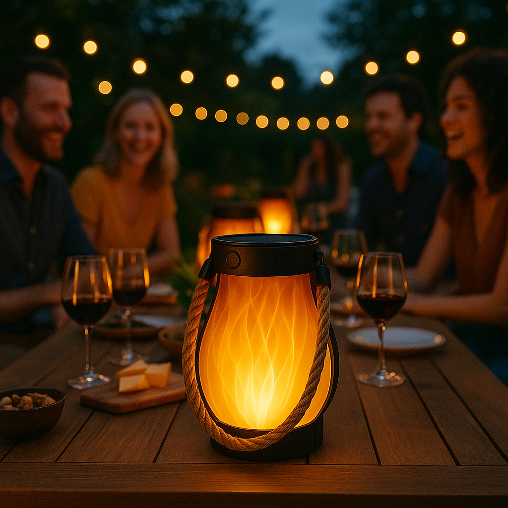 Outdoor setting with people around a table, illuminated by a glowing lantern.