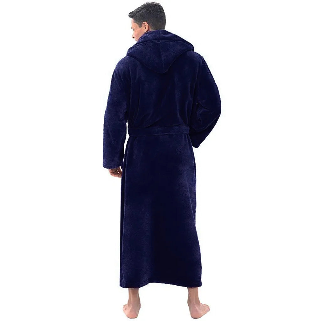 Person wearing a navy blue robe on a white background