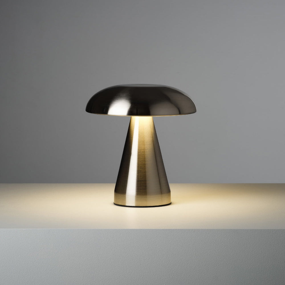 Modern table lamp with a metallic finish on a neutral background
