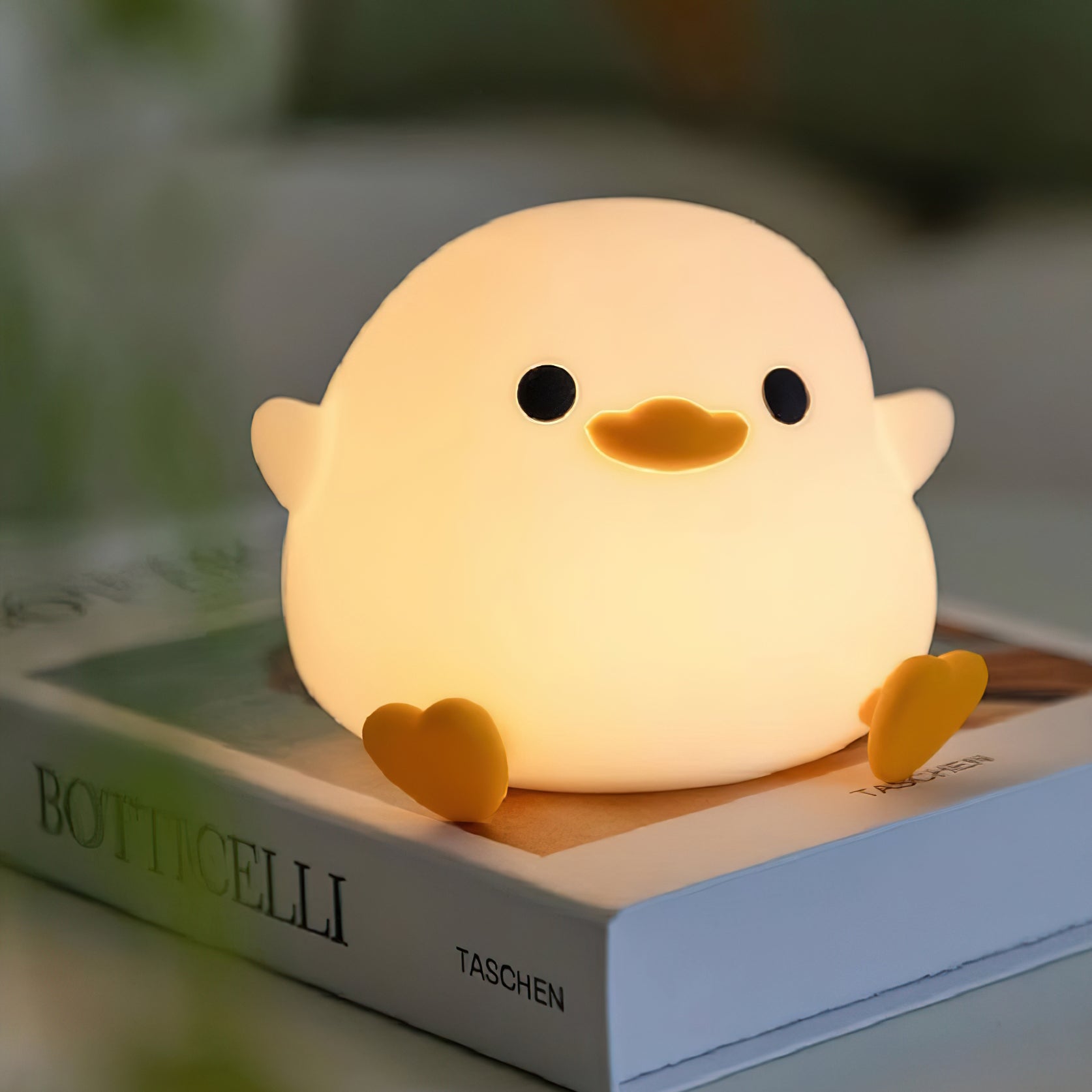 Cute duck-shaped night light on a book with a blurred background